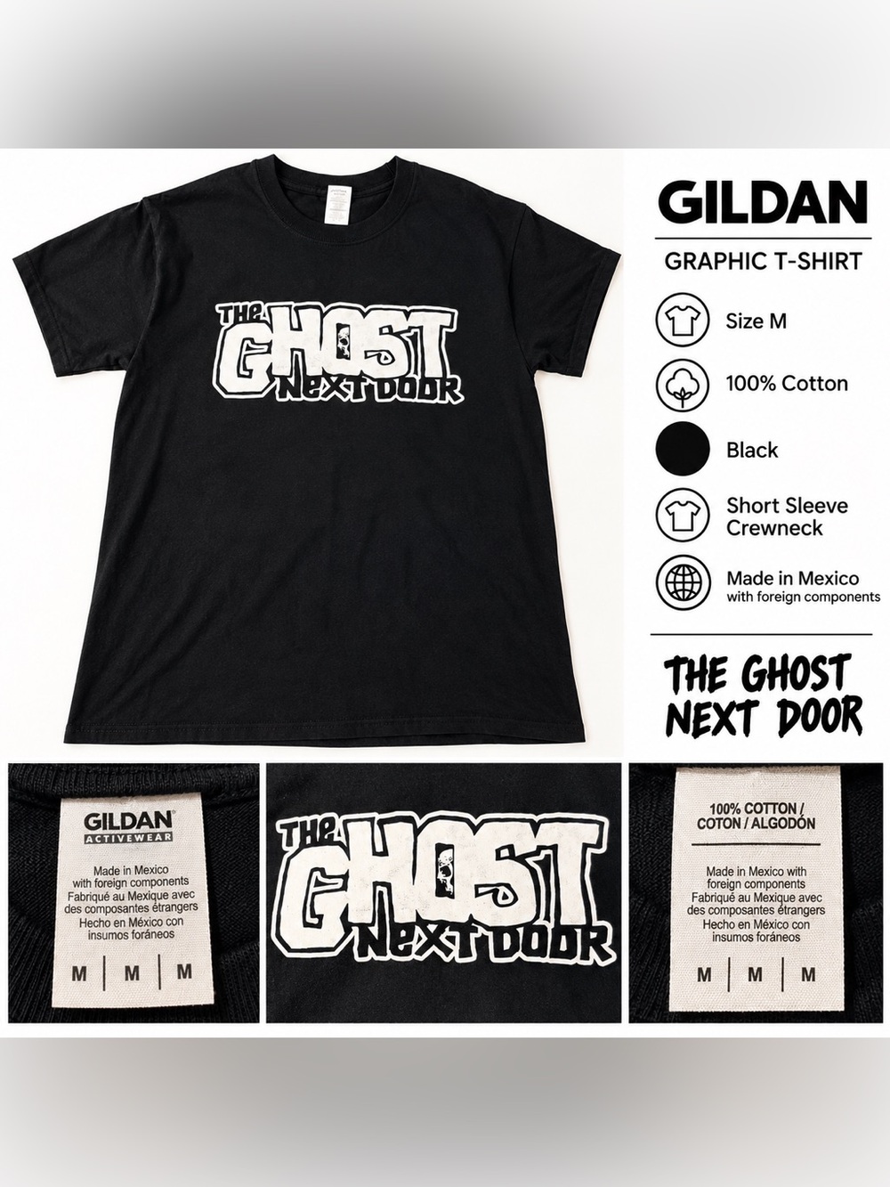 Gildan Black Kids Tee with White "The Ghost Next Door" Graphic